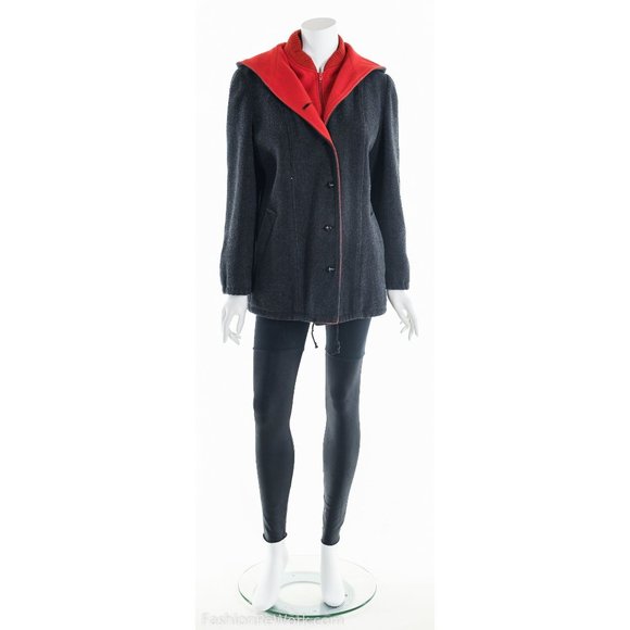 Gray Wool Coat, Gray and Red Wool Coat, Wool Coat with Hoodie, Collegiate Wool C - Picture 7 of 8